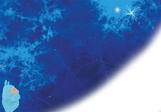 A cute furry blue creature looks up at the stars in the dark blue night sky.