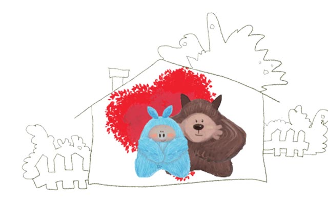 Illustration of a blue furry creature and its parent inside a line drawing of a home with a fence, trees, and bushes around it. There is a big red heart behind them.