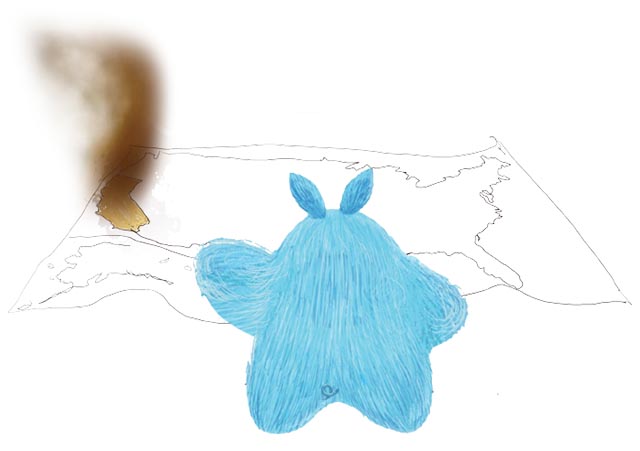 A blue furry creature looking at a map of the US. California is brown with smoke coming up from it.