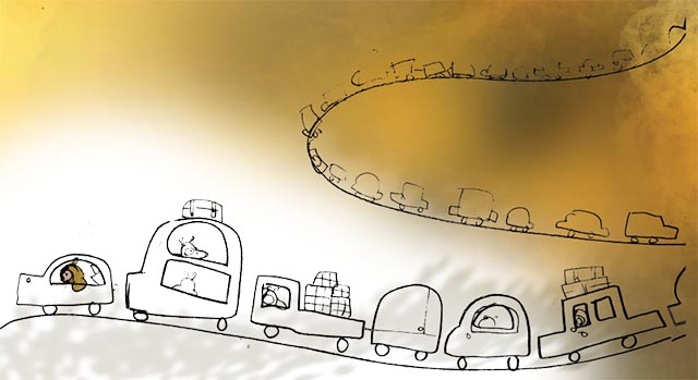 Line drawing of a long row of cars, bumper to bumper, that goes all the way into the distance. They are filled with families packed up evacuating their homes.