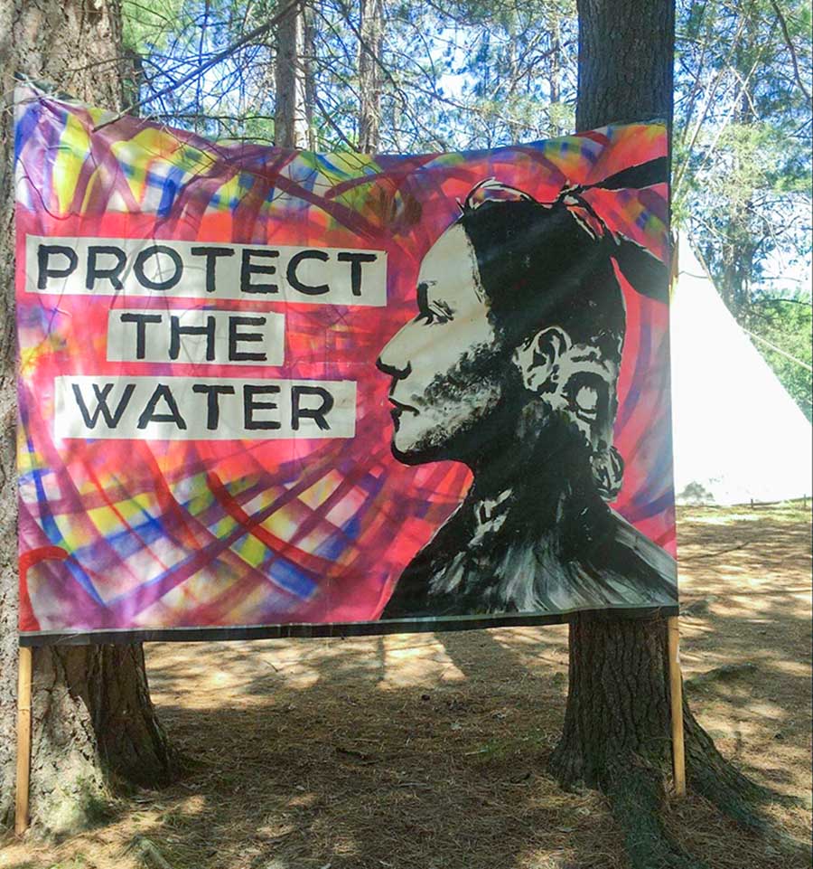 Painted sign hung between 2 trees. There is an illustration of a Native American woman and the words: Protect the Water