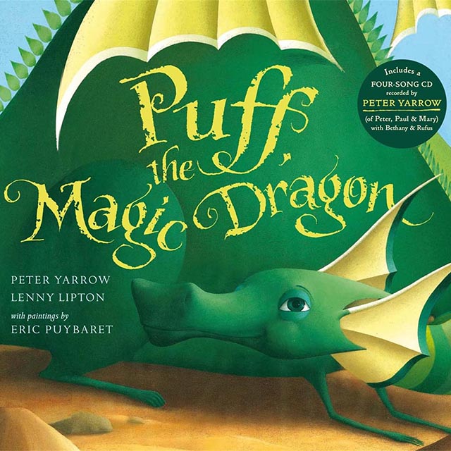 Illustrated book cover for Puff the Magic Dragon. Puff is green with yellow wings and wings behind its ears.