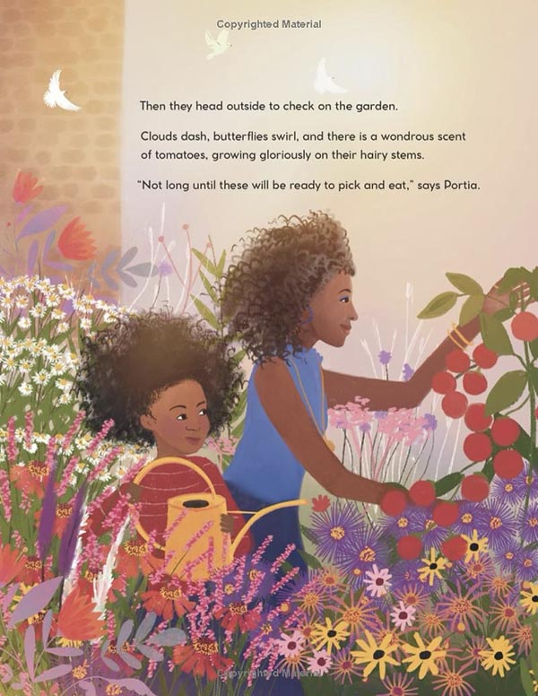 Illustrated children's book page of a black woman and child watering flowers together.