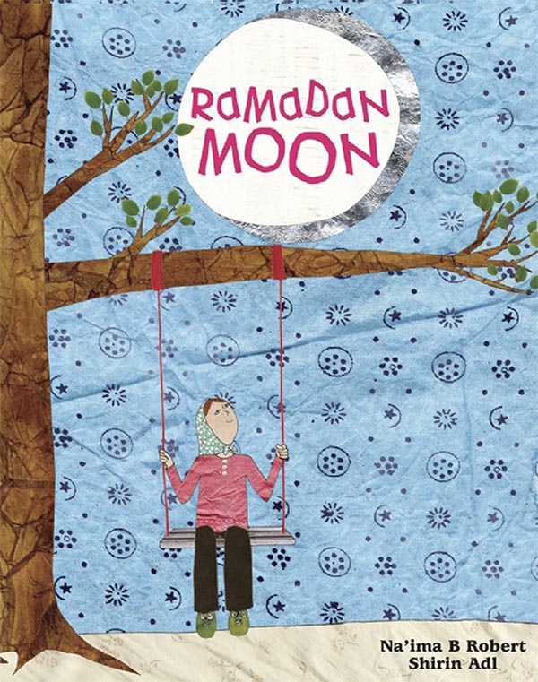 Collage book cover for Ramadan Moon depicting a young girl on a tree swing looking up at the moon.
