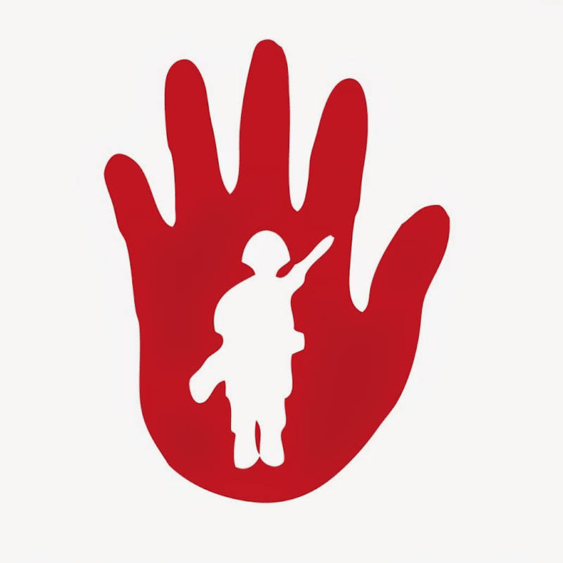 illustration of the palm side of a hand in red. A white icon of a child soldier is in the center of the palm
