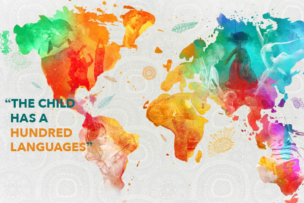 A multi-colored watercolor flat map of the world with text "A child has a hundred languages" in the lower left corner.
