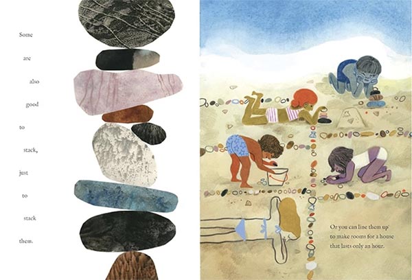 Interior spread of the book. The left-hand page has a column of carefully balanced rocks and text that is also stacked next to it. The right-hand page has 5 kids playing in the sand, collecting and arranging rocks.