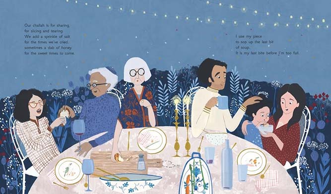 Illustrated spread from Rising, showing a family with multiple generations sitting around a table outside eating and talking.