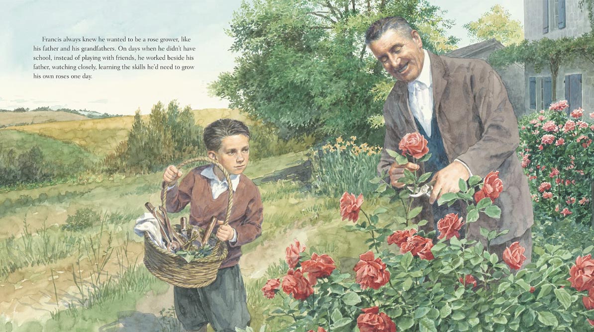 Interior spread from A Rose Named Peace, showing a young boy and his father picking roses in their garden.