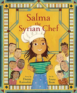 Illustrated children's book cover of a girl in a chef's toque holding up a large bowl with a wooden spoon.