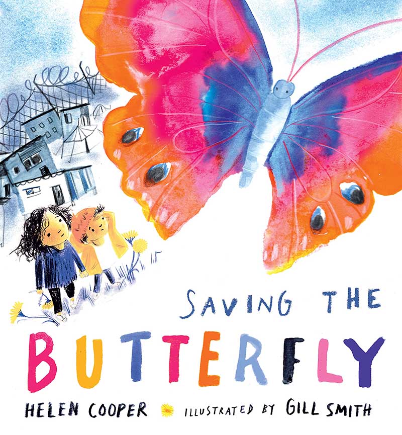 Illustrated cover of "Saving the Butterly" has a large, colorful butterfly and in the distance are 2 small girls watching it