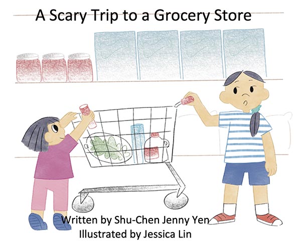 illustrated book cover showing 2 young children putting items into a grocery cart