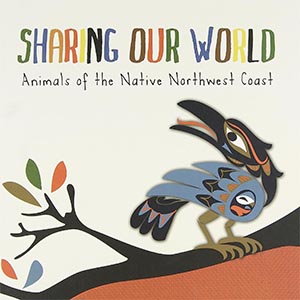 Illustrated book cover for Sharing our world, depicting an indigenous painting of an eagle on a branch.