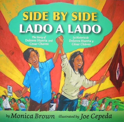 Illustrated book cover showing 2 young farm workers holding hands that are help up high in solidarity. One person holds a flag in the other hand. 