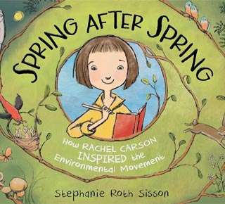 Illustrated children's book cover depicting a school-aged girl peeking her head through tree boughs, taking notes in a red notebook.