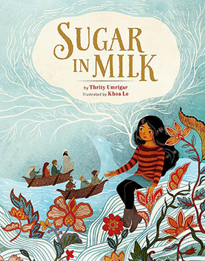 Illustrated book cover with a girl sitting on abstract ribbon with flowers growing out of it. She holds out her hand to a rive with 2 boats with people in it that is in the distance.