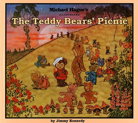 Illustrated book cover for The Teddy Bear's Picnic whos a large golden hill with a parade of teddy bears. Mushrooms dance in the foreground and there's a child dressed in a bear costume trying to blend in and join the fun