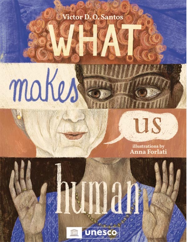 Illustrated book cover for What Makes Us Human. There are 4 stripes of different illustration styles that build a single face with gesturing hands.