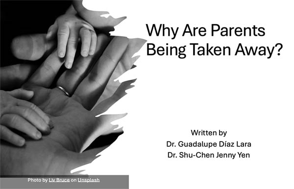 Cover of "Why Are Parents Being Taken Away". The cover image is a close-up of a baby's hand being cradled by a parent's hand.