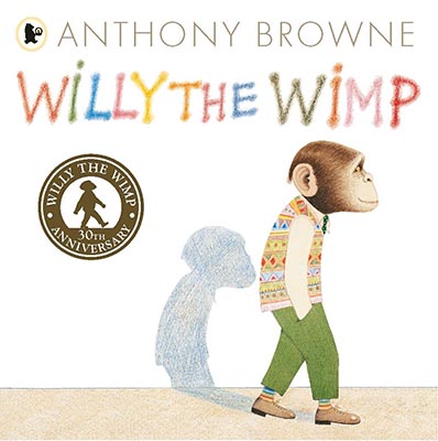 Illustrated book cover showing a monkey from the side walking down the streeet. He is dressed in pants, men's dress shoes, a long sleeved shirt and patterned sweater vest. His shadow falls on the wall behind him.
