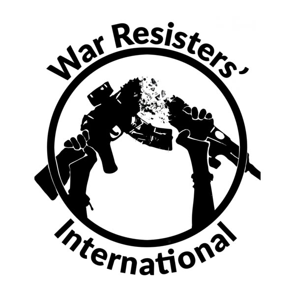 Logo: War Resisters International (logo depicts 2 hands breaking a rifle in half)